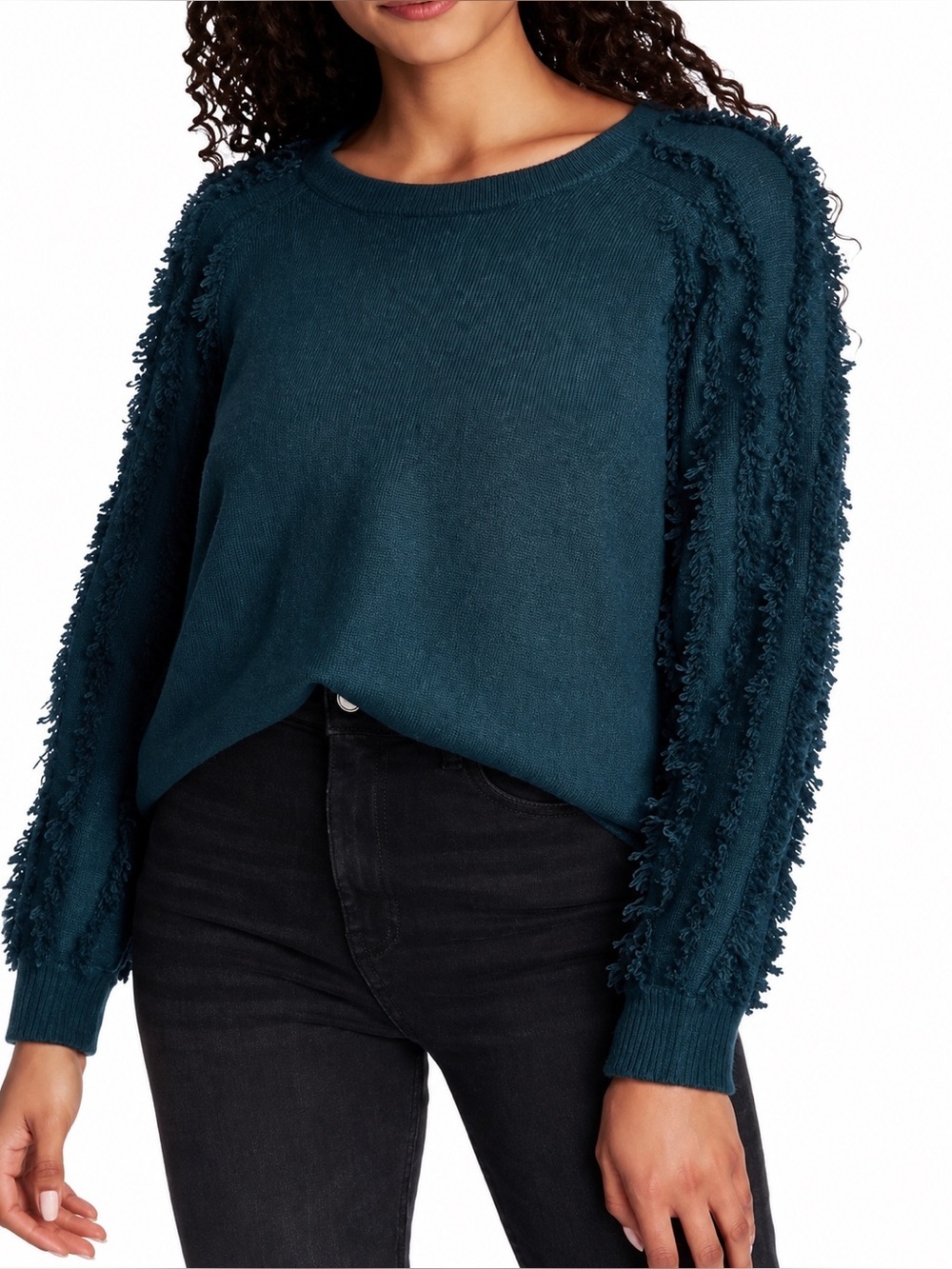 1. State dark green fringe sweater, large
